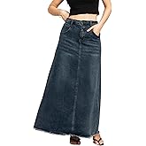 Women's Maxi Jean Skirt High Waisted A-Line Long Denim Stretch Skirts with Frayed Raw Hem for Ladies