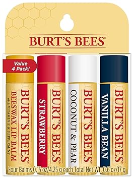 Burt's Bees 100% Natural Moisturizing Lip Balm, Multipack - Original Beeswax, Strawberry, Coconut & Pear and Vanilla Bean with Beeswax & Fruit Extracts - 4 Tubes