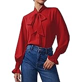 Neweek Chiffon Blouses for Women Bow Tie Neck Long Sleeve Dressy Casual Smocked Cuffed Shirts Office Work Blouse Elegant Tops
