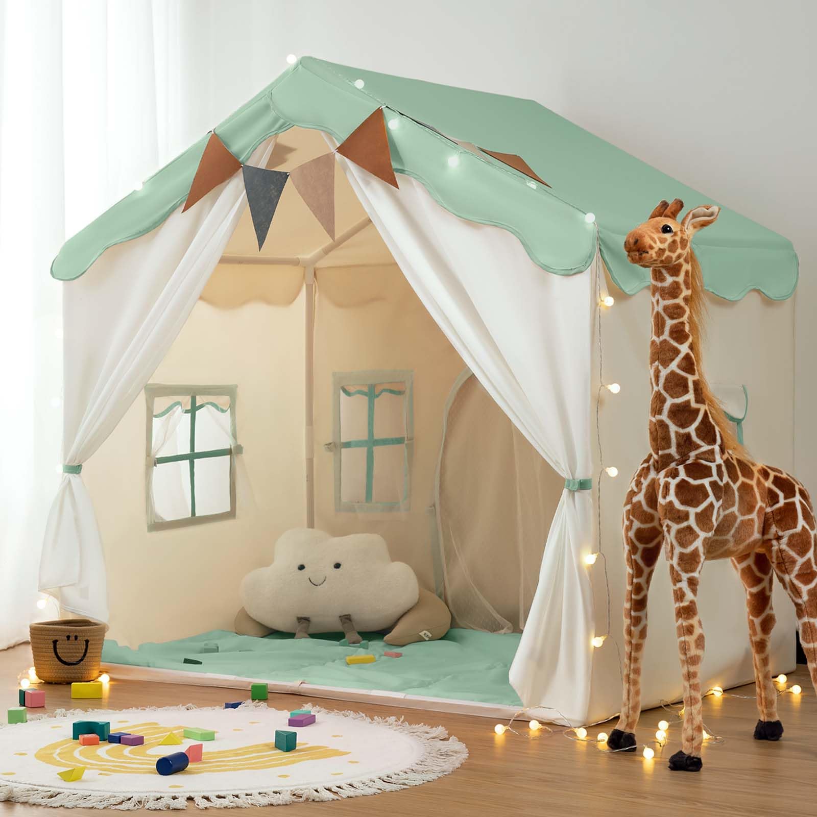 Photo 1 of besrey Kids Tent, Kids Play Tent 2 in 1 with Padded Mat and Lights, Large Playhouse with 2 Doors & 4 Windows, Indoor & Outdoor, Christmas Toddler Playhouse, 51" x35" x 51" (Green)