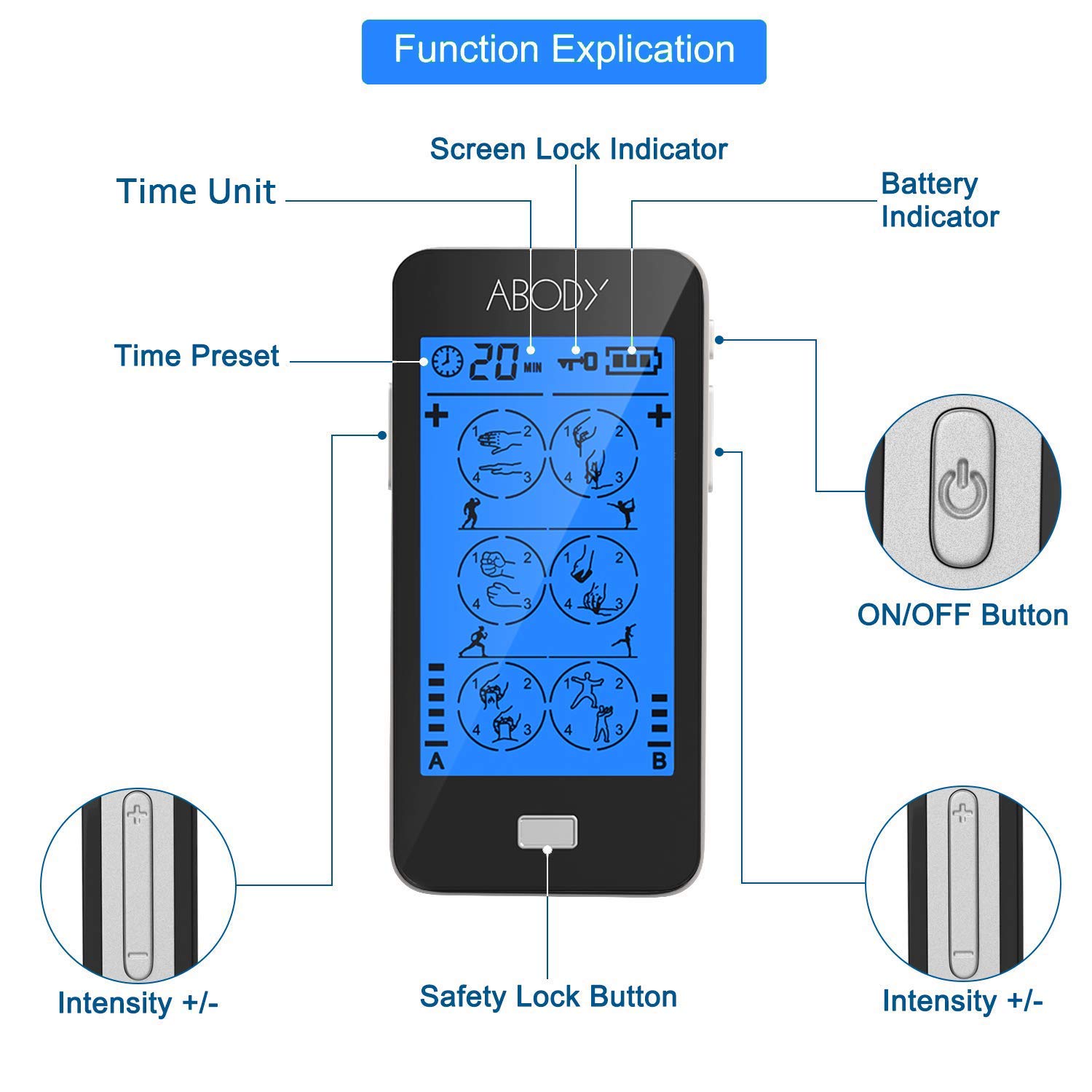 ABODY TENS Unit & EMS Combination Muscle Stimulator Relief Touch Screen FDA Cleared, Rechargeable Device with 2 Channels 24 Modes 10 Pads for Pain Management for Back, Neck, Arms, Legs, Abs and More