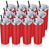 VEGOND 20 oz Stainless Steel Skinny Tumbler with Lids and Straws, 20oz Vacuum Insulated Slim Tumbler Cup, Double Wall Travel Tumblers Bulk for Cold Hot Drinks, Red 12 Pack