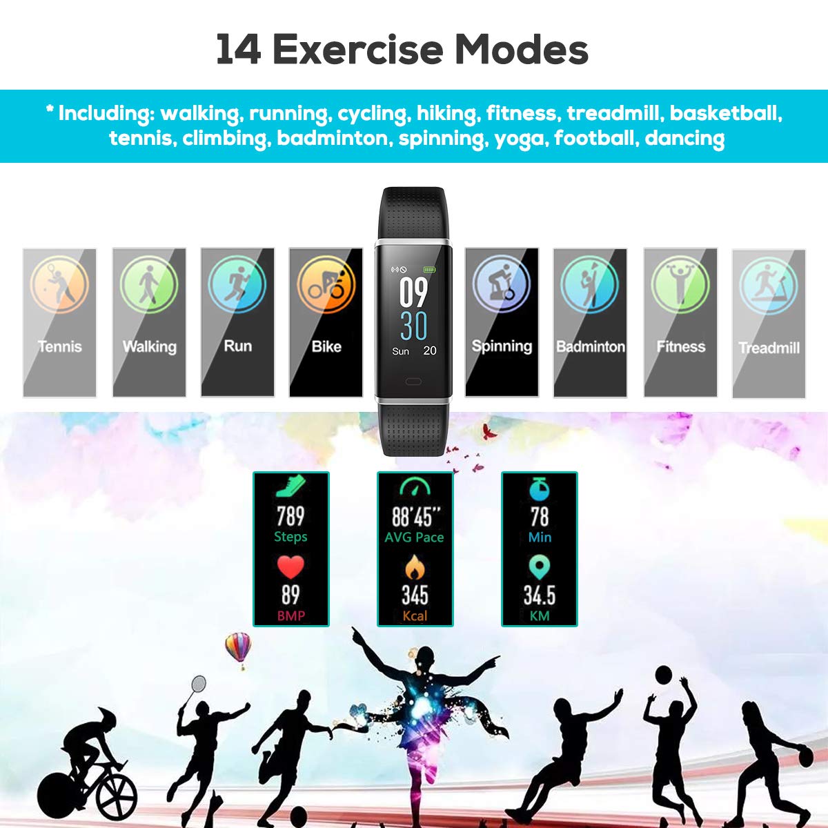 CHEREEKI Fitness Tracker, IP68 Impermeabile Orologio Smartwatch con Cardiofrequenzimetro da Polso Automatico Monitoraggio del Sonno 14 Modi di Sport per Android & iOS