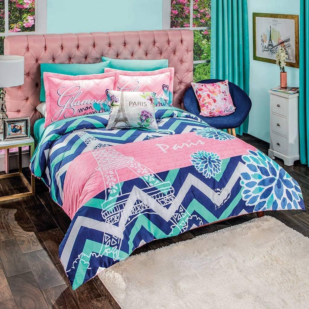 JHF New Girls Teens Blue Coral Eiffel Tower Paris Reversible Comforter Set Queen 4 PCS