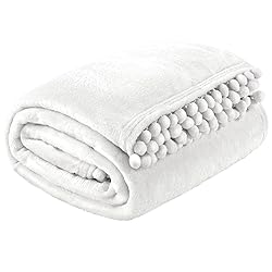 PAVILIA White Throw Blanket Pom Pom for Couch, Twin