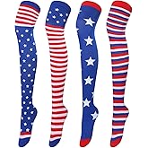 Vicenpal 4 Pairs 4th of July 250th Anniversary Patriotic American Flag Thigh High Socks, Red White Blue Stars Striped over Knee High Socks for Women Men USA Stocking for Costume Party Decoration
