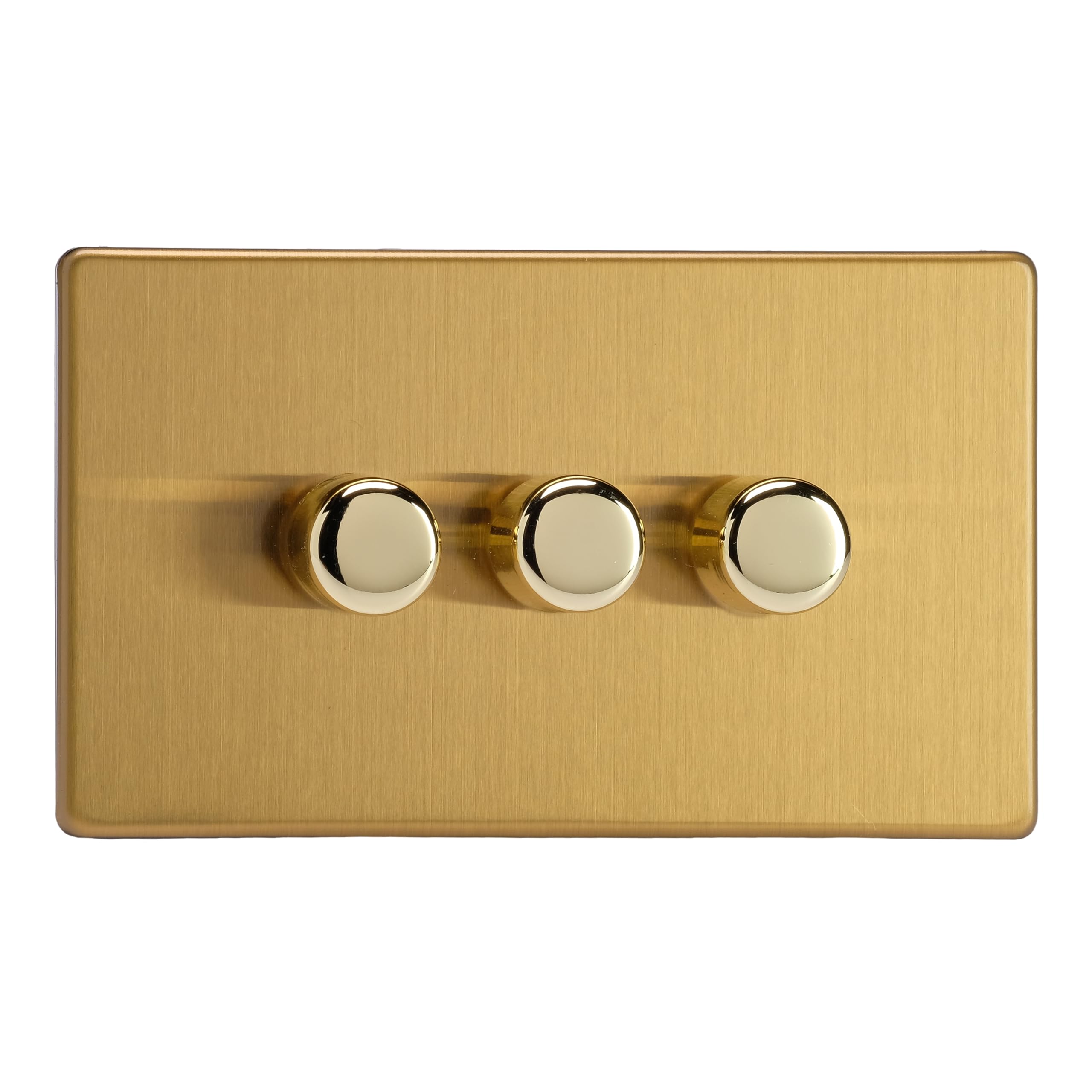 Varilight 3-Gang 2-Way V-Pro Push On/Off Rotary LED Dimmer 3 x 0-120W (Twin Plate) Brushed Brass