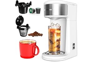 Hrelec Upgraded Single Serve Coffee Maker, Iced and Hot Coffee Maker for K Cups and Ground Coffee, 8 to 14oz Brew Size Iced W