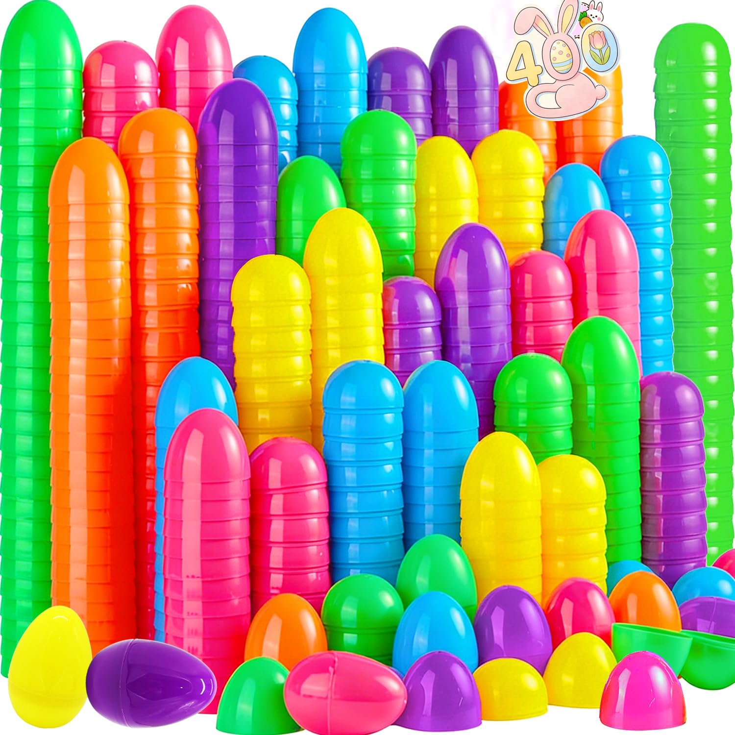CAMIRUS 400pcs Easter Eggs Bulk, 2.4" Fillable Easter Egg Plastic Eggs Bright Colorful Empty Eggs for Easter Theme Party Favor, Easter Basket Stuffers, Easter Egg Hunt Image