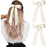 2PCS Silky Satin Hair Bows Hair Clip Light Beige Hair Ribbon Ponytail Holder Accessories Slides Metal Clips Hair Bow for Women Girls Toddlers Teens Kids