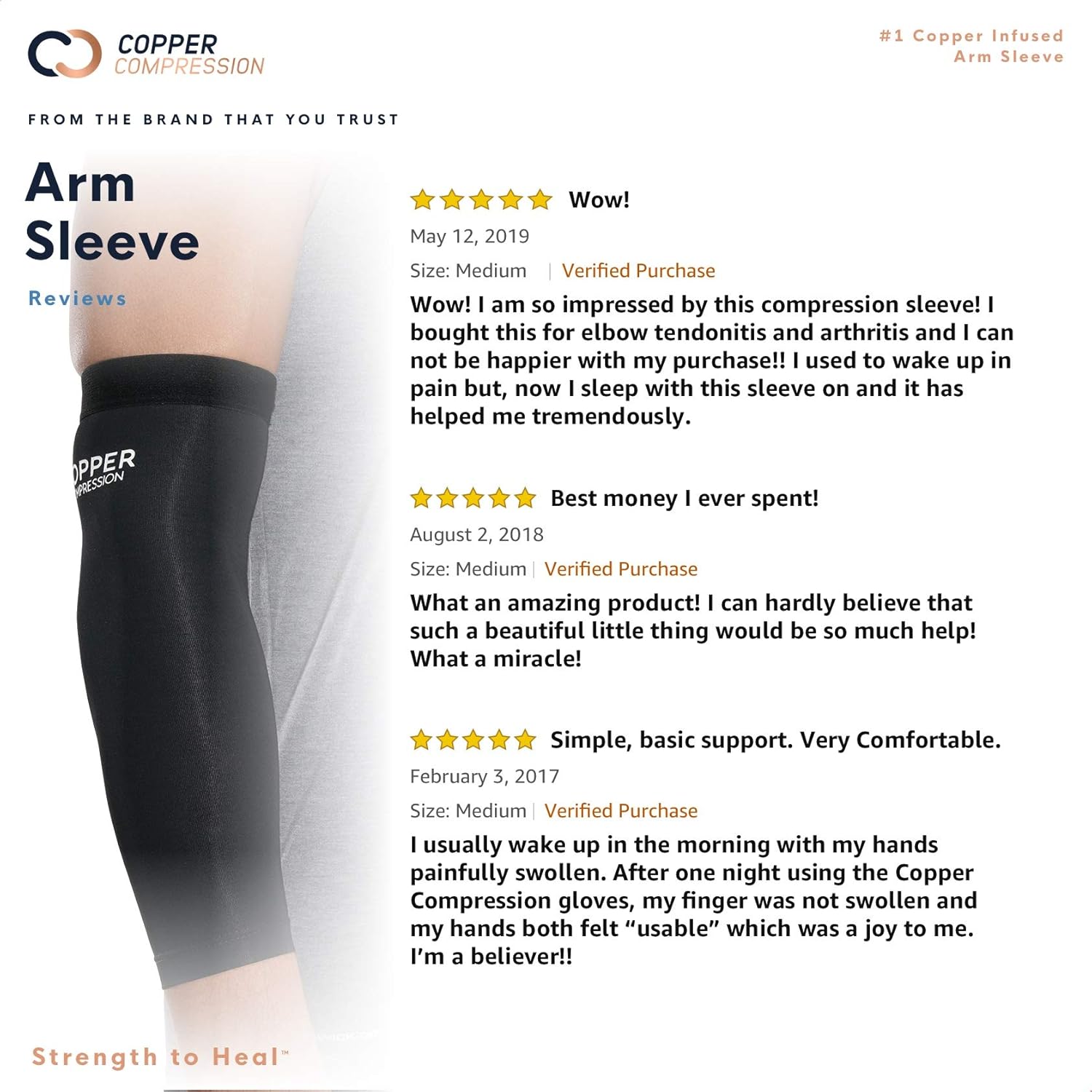 Copper Compression Arm Sleeve. Guaranteed Highest Copper Infused Sleeves for Arms, Forearm, Elbow Brace. Basketball Shooter Sleeve Also Great for Volleyball, Baseball. Fit for Men and Women. Medium.: Health & Personal Care