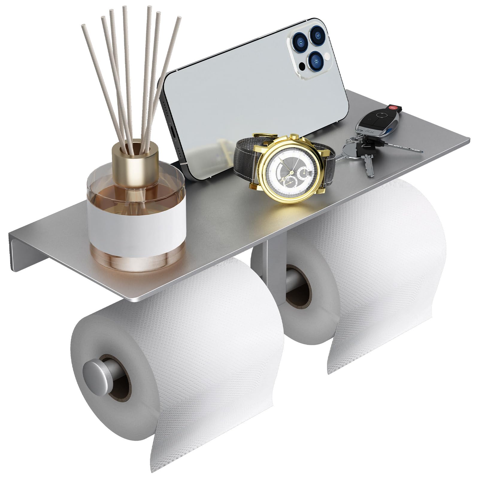 Photo 1 of Danpoo Bathroom Toilet Paper Holder with Shelf, Wall Mount, Double Roll, Silver