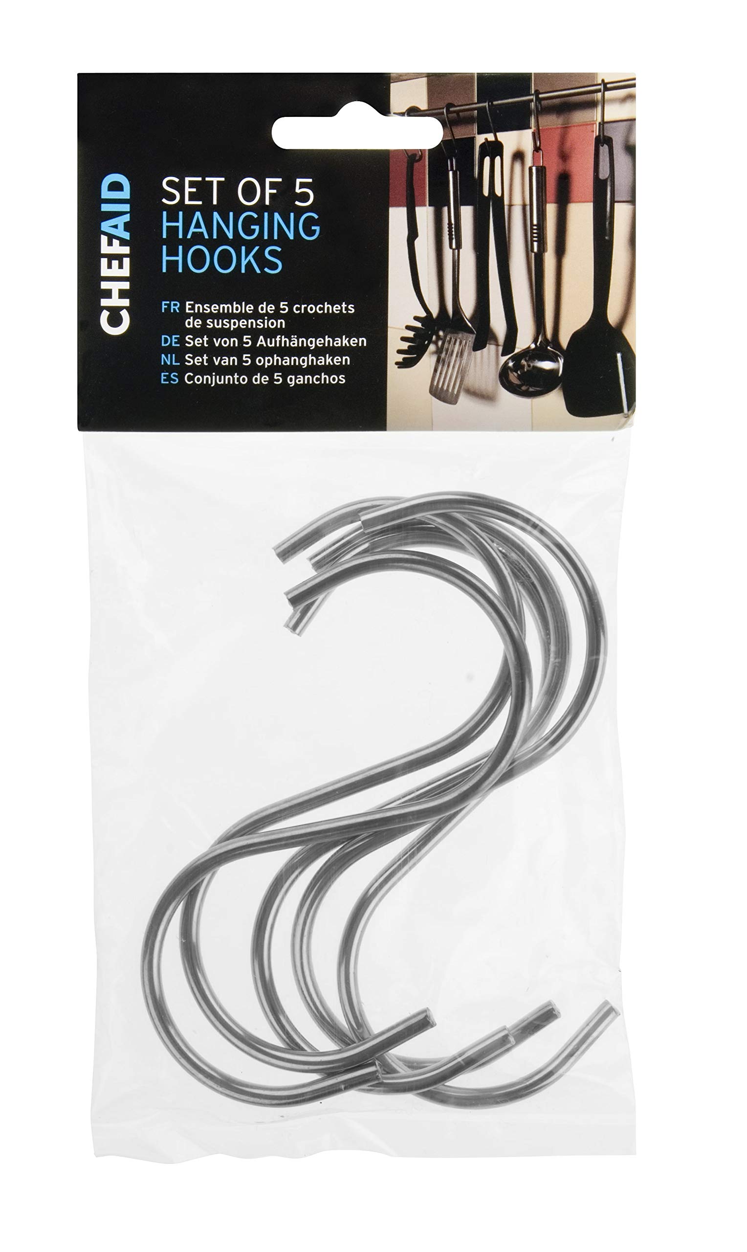 Chef Aid Stainless Steel S Style hanging Hooks pack of 5, For kitchen, bathroom and all around the Home, They hold Cooking Utensils and Pans