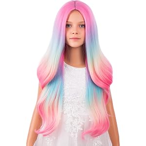 Lavviiqa Kid Rainbow Wig Long Girls Colorful Wigs Child Multicolor Wavy Wig | Colored Curly Wigs for Kids,Middle Part,Synthet