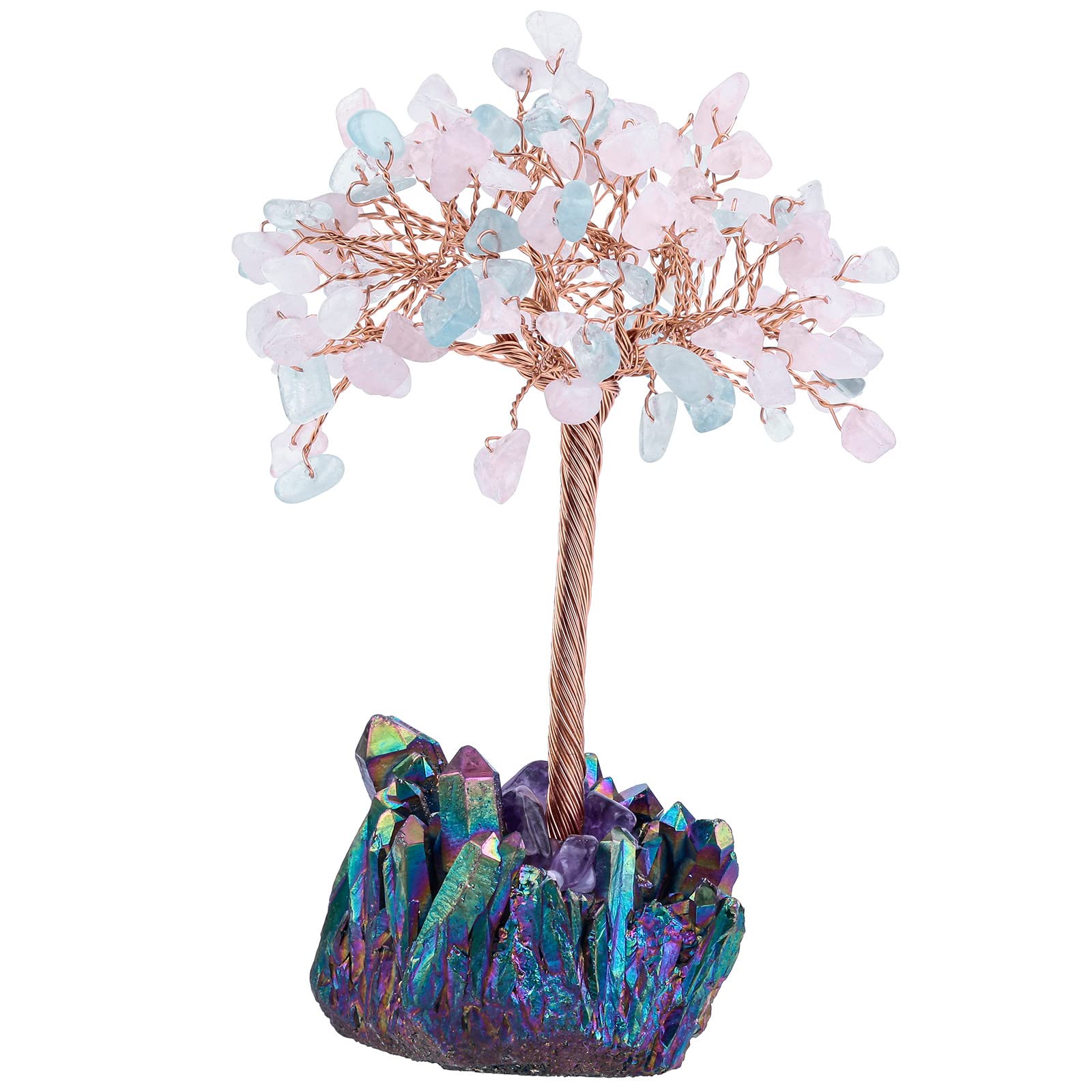 mookaitedecor Rose Quartz & Aquamarine Crystal Money Tree with Titanium Rainbow Quartz Cluster Base Colourful Room Decor, Bonsai Crystal Tree of Life Ornament Reiki Spiritual Good Luck Crystal Gift