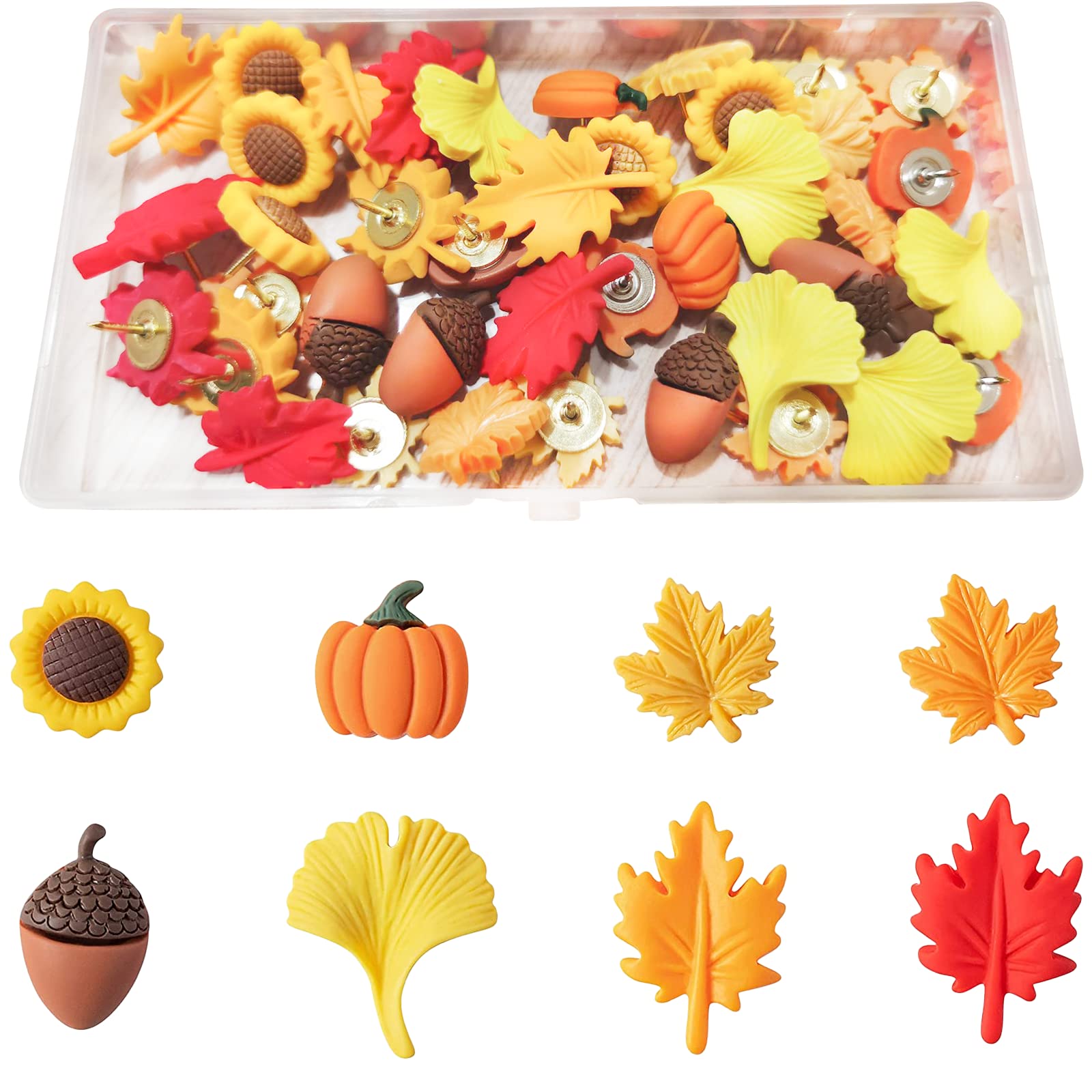 Autumn Decorative Push Pins 40 Pcs Fall Cork Board Decorations Drawing Pins Thanksgiving Thumb Tacks Ginkgo Leaf Maple Leaf Pumpkin Sunflower Acorn Cute Push Pin for Cork Board Bulletin Board