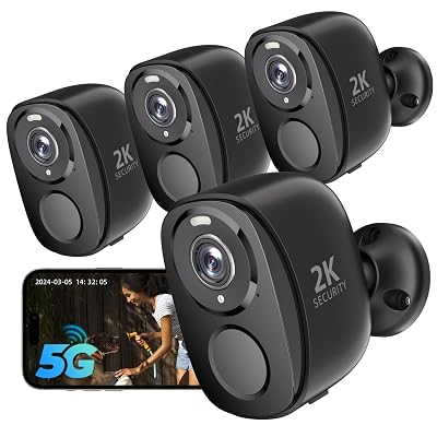 Rraycom 4Pack 5G/2.4G Security Cameras Wireless Outdoor,2K Battery Powered AI Motion Detection Siren Alarm WiFi Home Indoor Camera, Color Night Vision, 2-Way Talk, Waterproof, Works w/Alexa, Cloud/SD