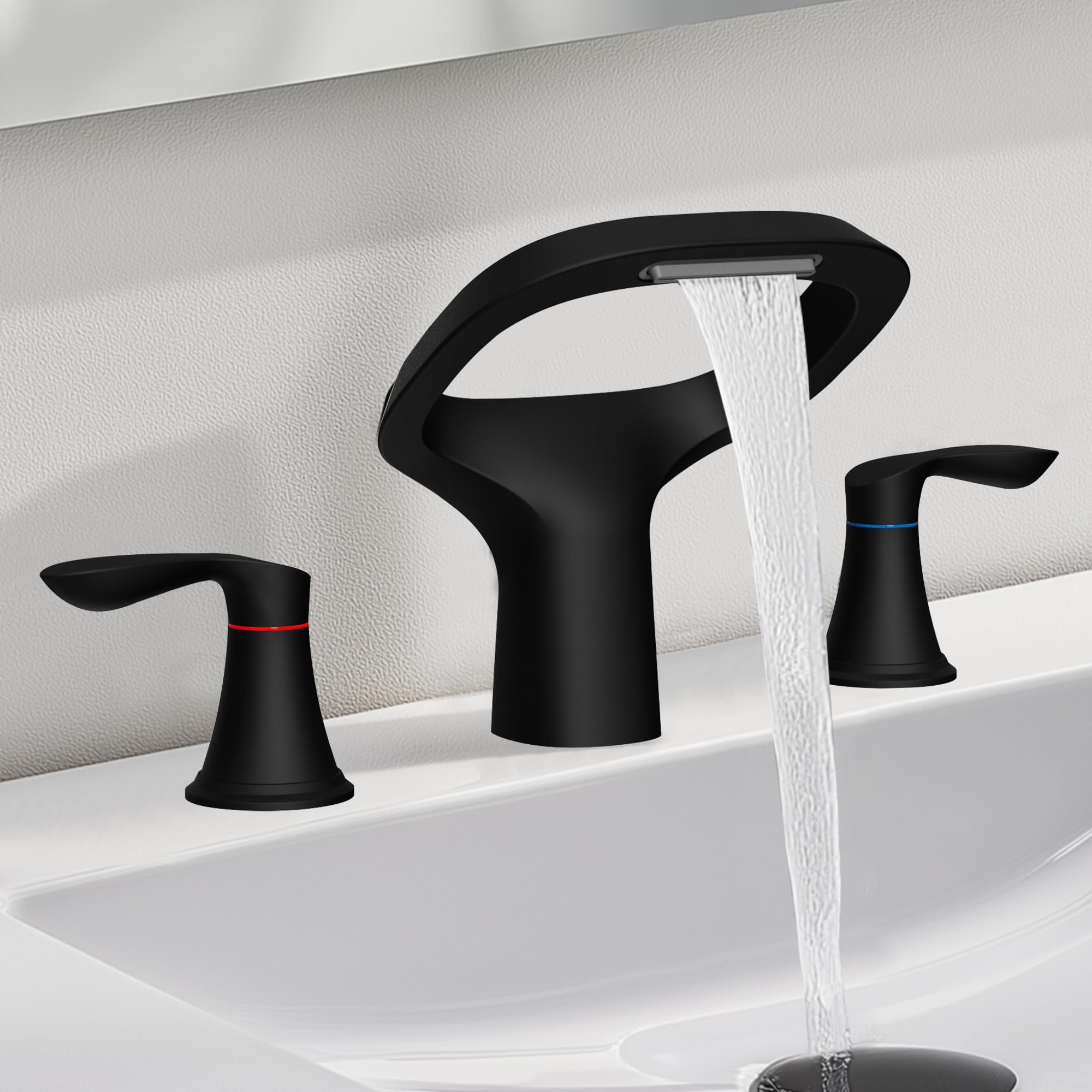 Photo 1 of Black Bathroom Faucet, Bathroom Sink Faucets 3 Hole with Adjustable Spout, Solid Brass Modern Widespread Vanity Faucet with Water Supply Hoses and 2 Handles for 6 to 12 Inch Sink