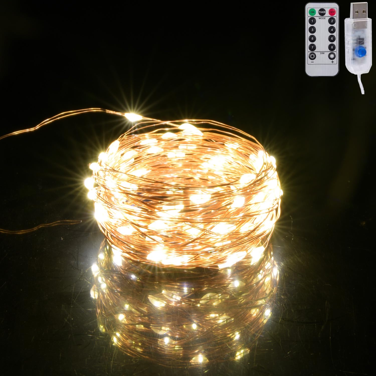 USB Fairy Lights 33FT 100 LED USB Plug with Remote and Timer 8 Modes Outdoor Waterproof Starry Lights DIY Party Wedding Christmas Decoration (1, Warm White)