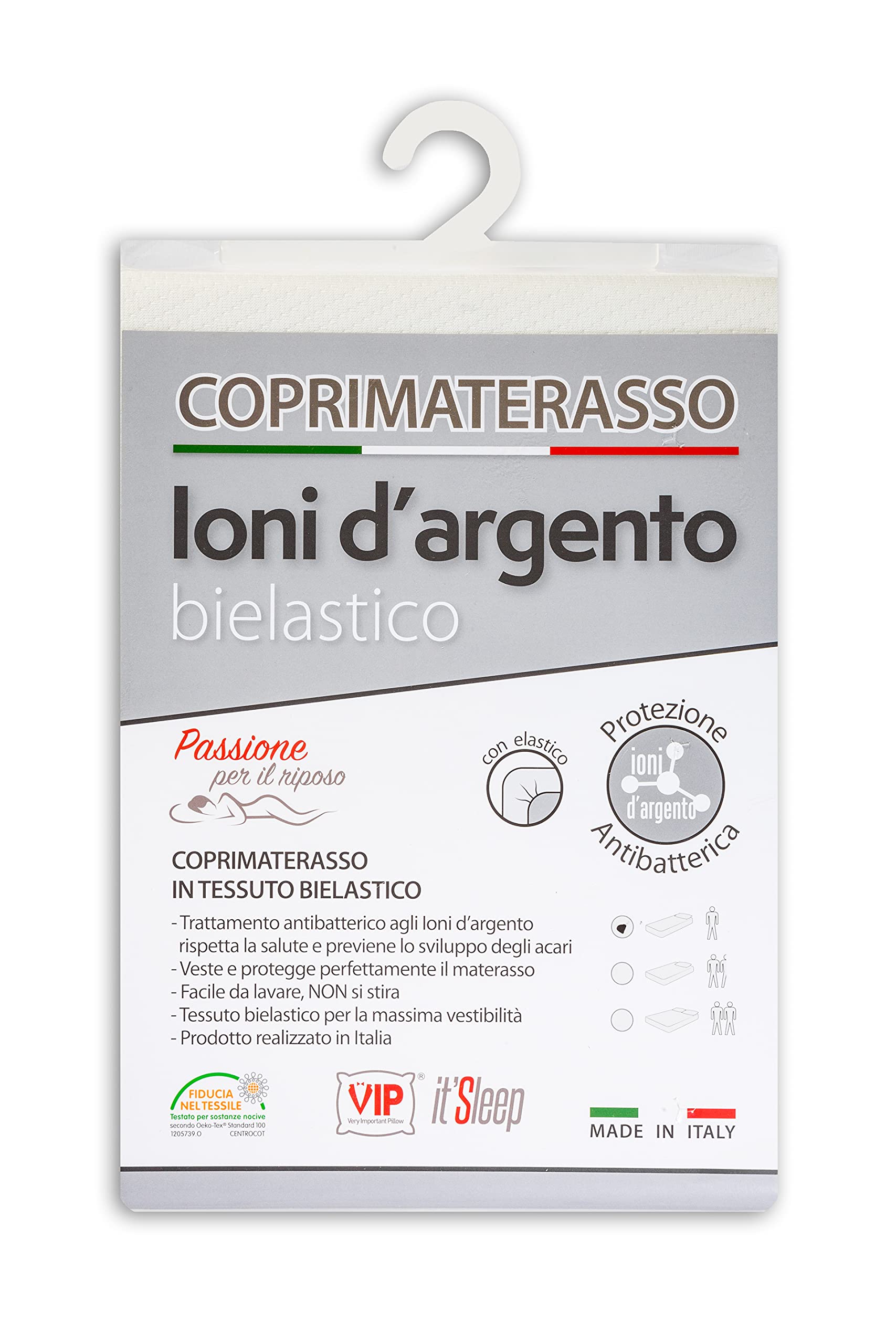 V.I.P. Very Important Bi-Elastic Pillow Silver + Silver Ion Antibacterial Mattress Protector, Jacquard Fabric, Double