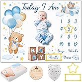 Guiqulai Bear Baby Monthly Milestone Blanket Bear Star Balloon Flannel Blanket Newborn Infant Swaddle Baby Growth Blanket Photography Background with Wooden Signs,Frames,Bibs