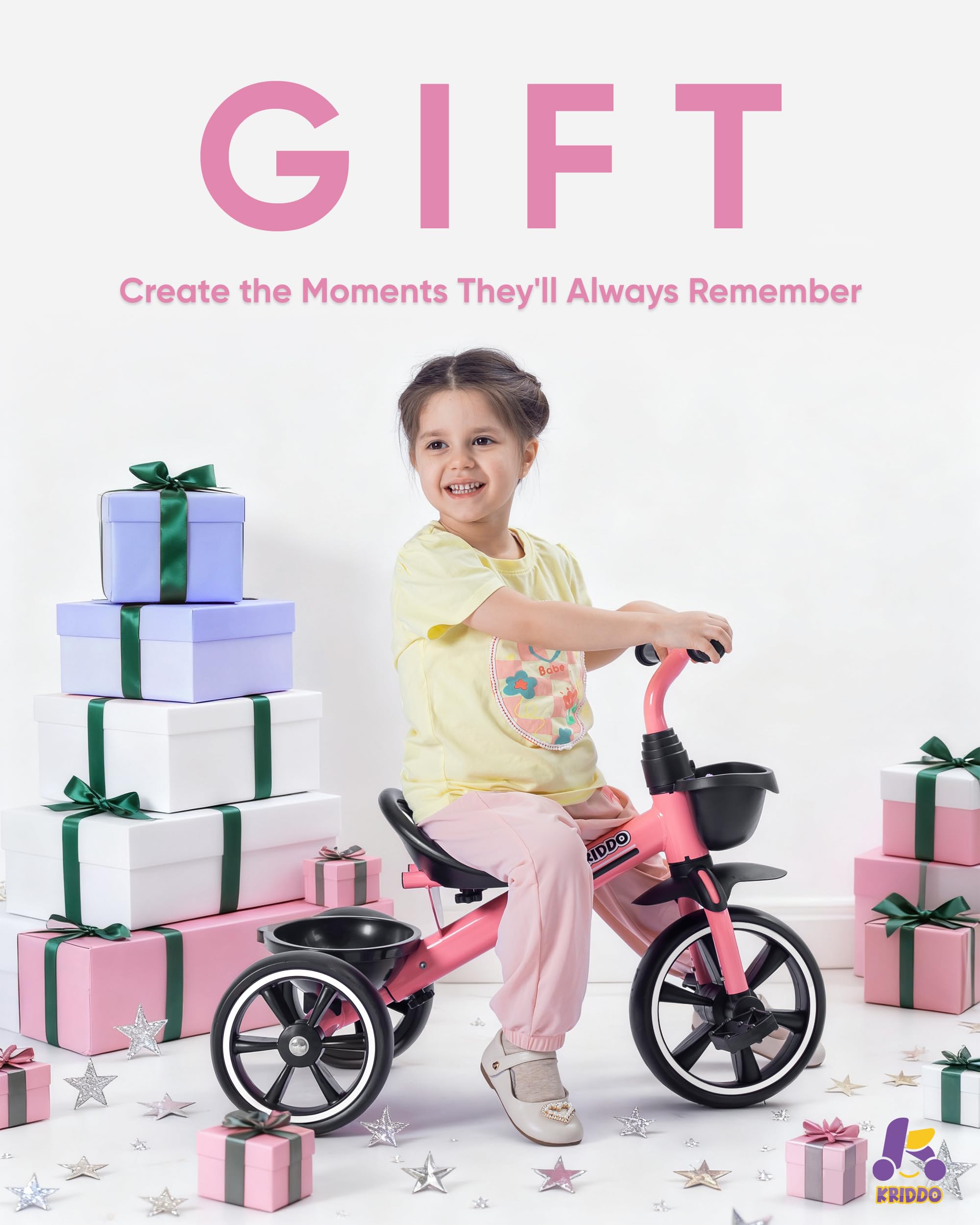 KRIDDO Tricycle for 2-5 Year Olds - Pink Toddler Trike With Gift for 24 Month to 4 Year Old Girls