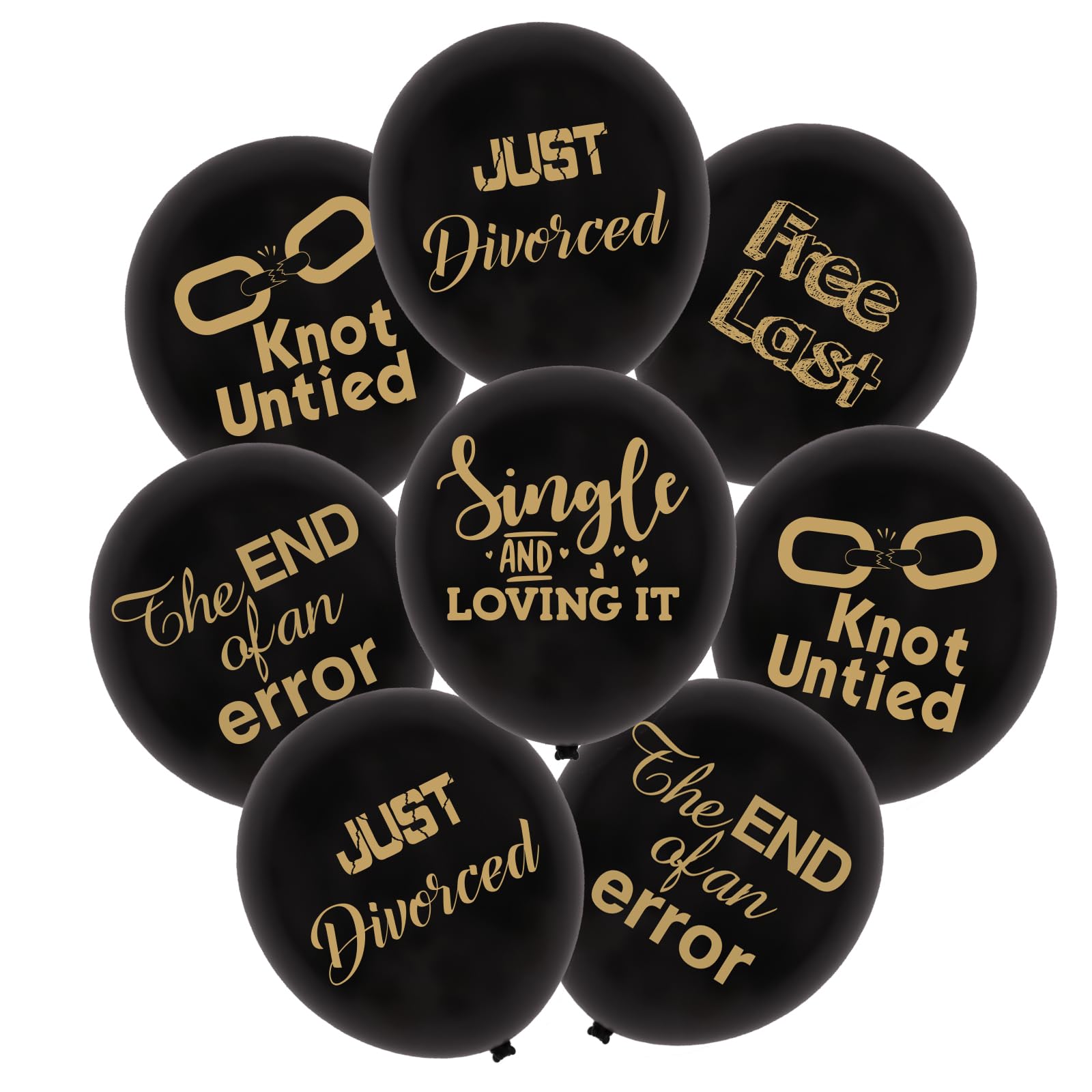 JOYMEMO Funny Divorce Party Decorations Balloons - 30 Pack Funny Black Gold Balloons for Women Men with Different Sayings for Freedom Single AF Party Supplies
