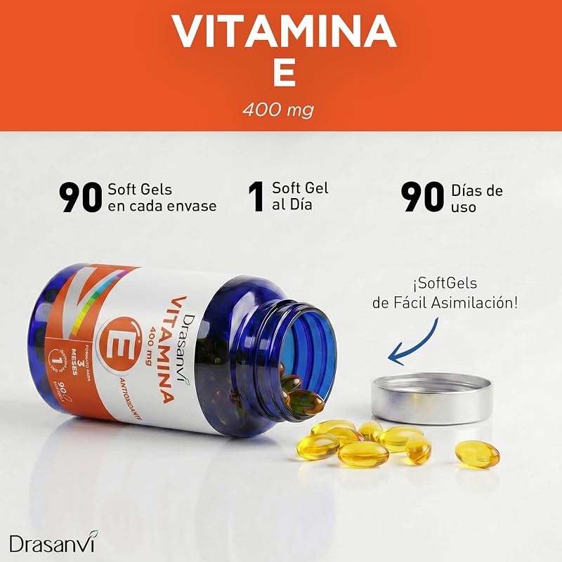 Drasanvi Vitamina E Natural 400mg de Alta Potência em 90 Softgels Sem Glúten