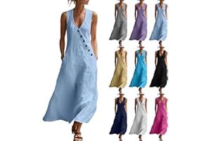 Maxi Sundresses for Women,Summer Vacation Boho Beach Dress,Sleeveless Pure Floral Asymmetric Button V Neck Dresses