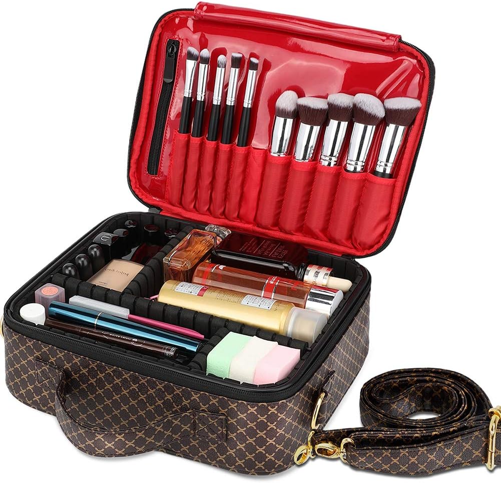 Makeup Bag Organizer Travel Case Cosmetic Large Make Up Bags Train Toiletry PU Leather Portable Waterproof With Adjustable Dividers for Women Girls (Brown)