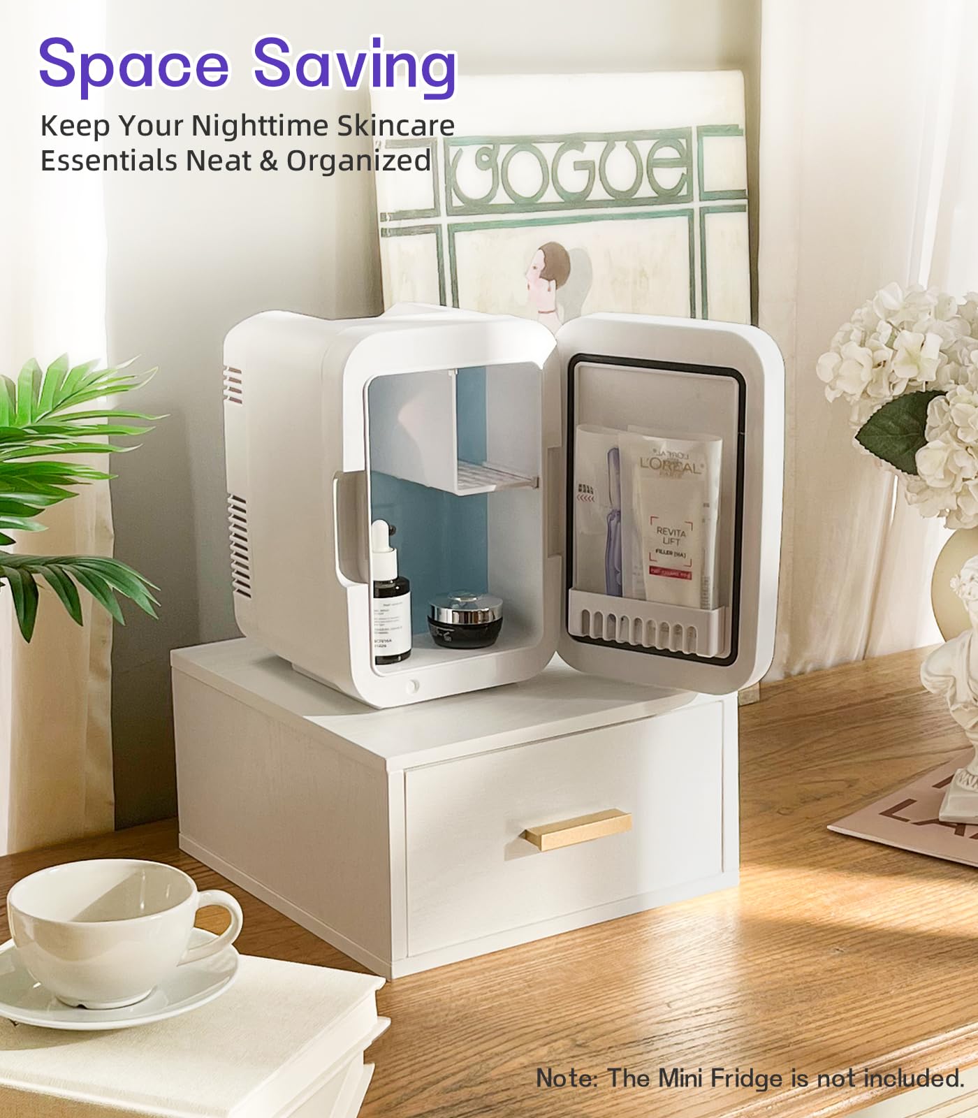 Mini Fridge Stand Holder with Drawer, Wood Vanity Organizer Countertop, Stackable Storage Drawer Box, Bathroom Counter Organizer, K-cup Coffee Pod Holder Drawer, White（Mini Fridge not included) - Image 2