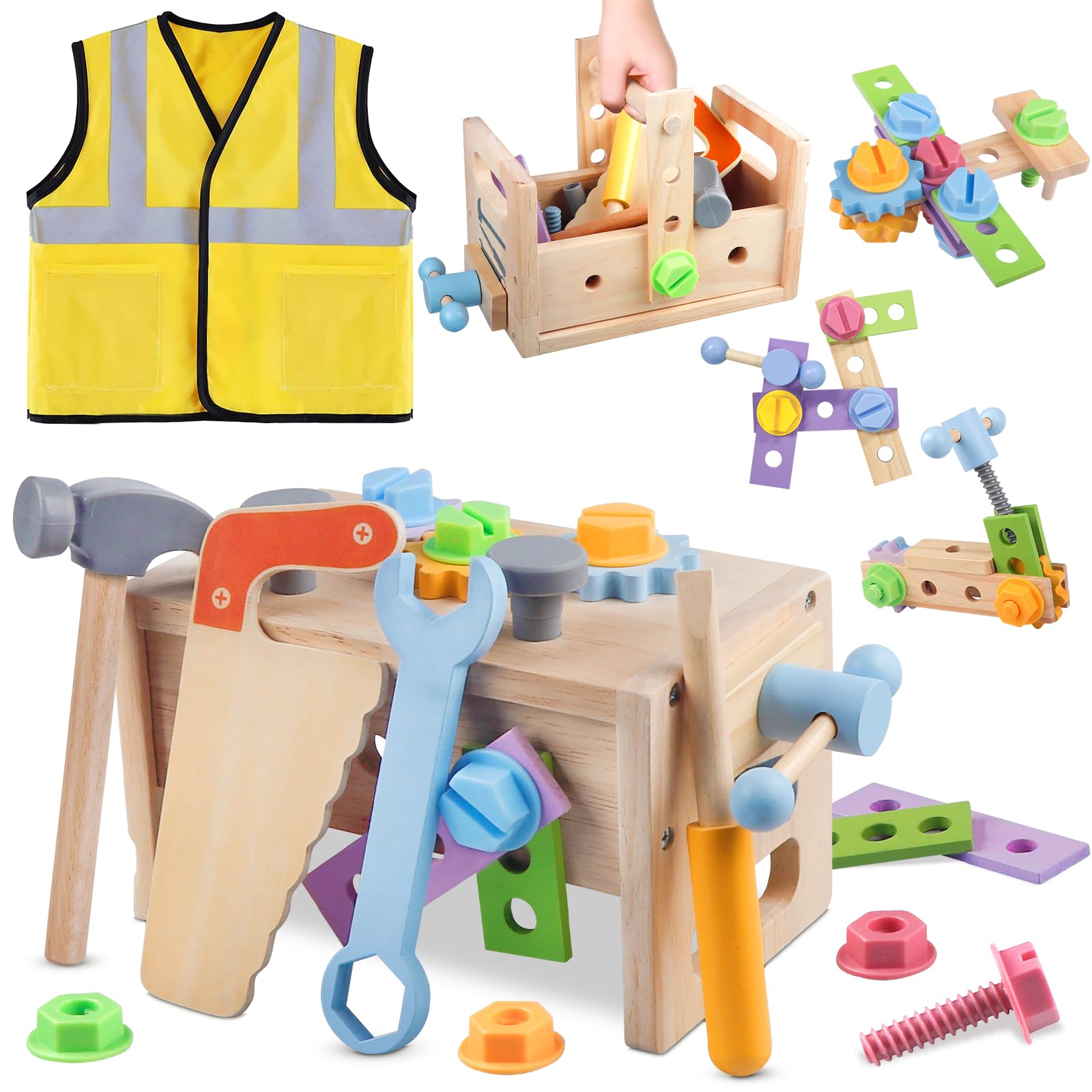 Aliex Wooden Kids Tool Set, Toys for 2 3 4 5 Year Old Boys Gifts, 29+1 PCS Montessori Tools Kit for Toddlers Kids