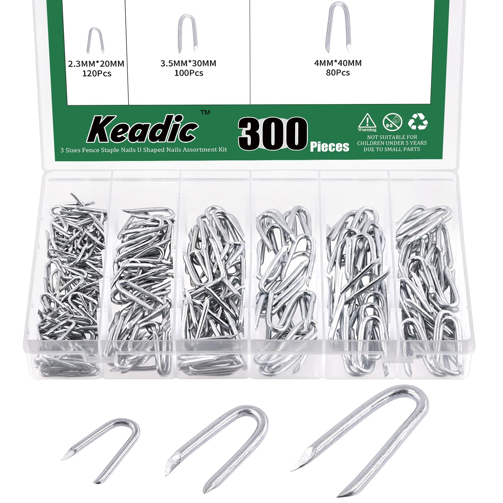 Keadic 300Pcs Steel Wire Fencing Staples Assorted Set, 20mm 30mm 40mm Length Galvanized U-Shaped Fasteners Nails for Wire Mesh and Woven Fencing