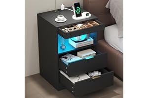 Yusong LED Nightstand Bedside Table with Charging Station 2 Drawers, Black Modern Sofa Couch End Side Table with Lights, Invi
