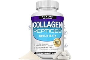 Toplux Multi Collagen Peptides Pills 1800 Mg Complex - Type I, II, III, V, X Premium Collagen Complex for Better Skin & Hair, Strong Joint, Hydrolyzed Protein, for Men Women, 90 Capsules, Supplement