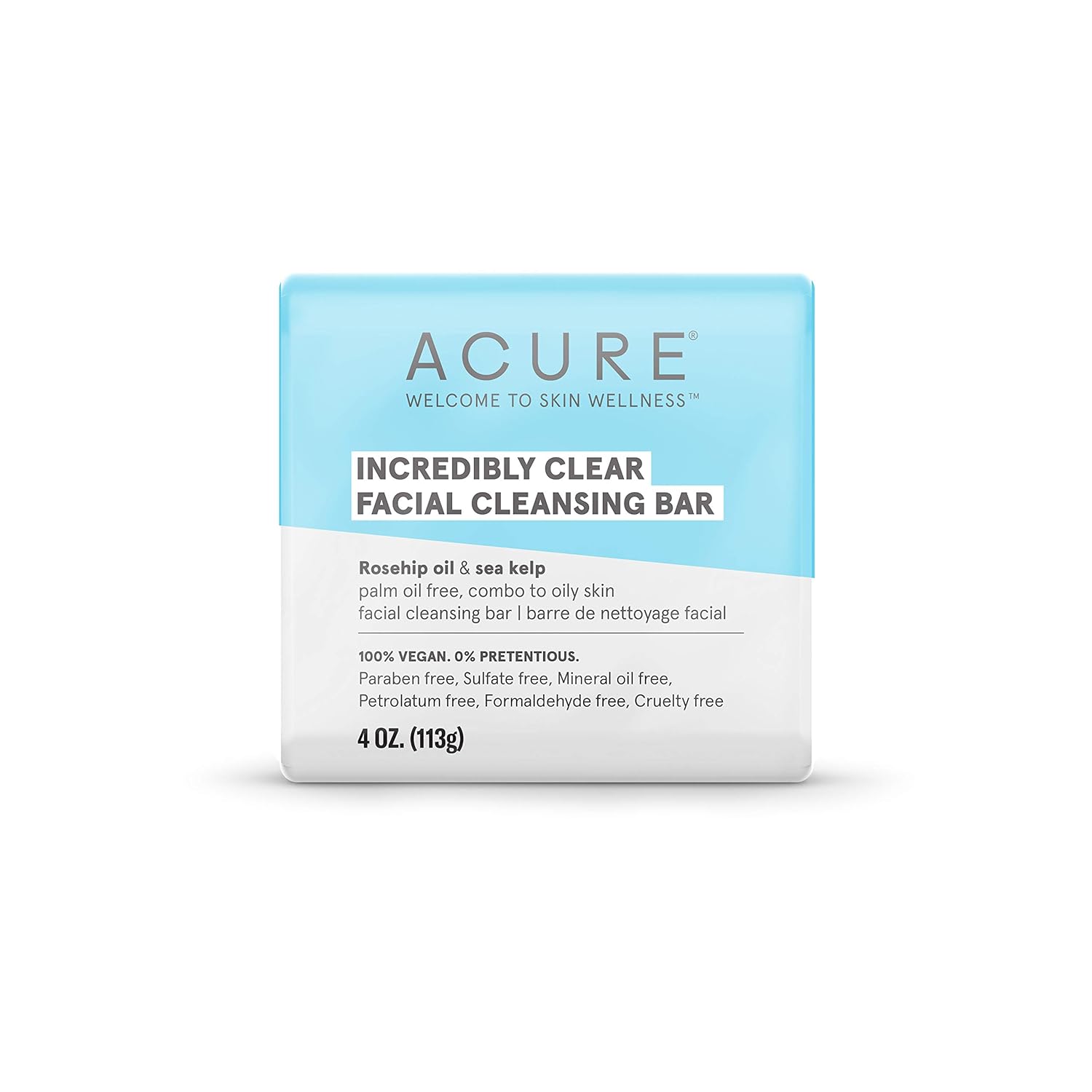 ACURE Incredibly Clear Facial Cleansing Bar | 100% Vegan | For Oily to Normal & Acne Prone Skin | Rosehip Oil & Sea Kelp | 4 Ounce: Beauty