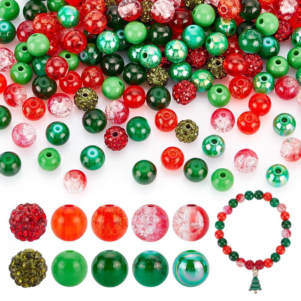 AHANDMAKER 180Pcs Christmas Glass Beads for Crafts, 8mm Red Green Acrylic Beads Round Loose Bead Baking Painted Crackle Beads Craft Beads for Christmas Bracelets Necklace Earrings DIY Jewelry Making