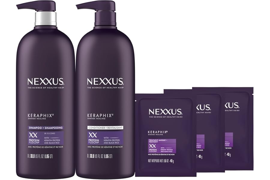 Nexxus Keraphix Shampoo and Conditioner – Damaged Hair Treatment System with Keratin Protein and Black Rice, 2 Count & 3 Repair Masks Treatment, 33.8 oz, 1.5 oz, 3 Count, 5 Count ( Pack of 1)