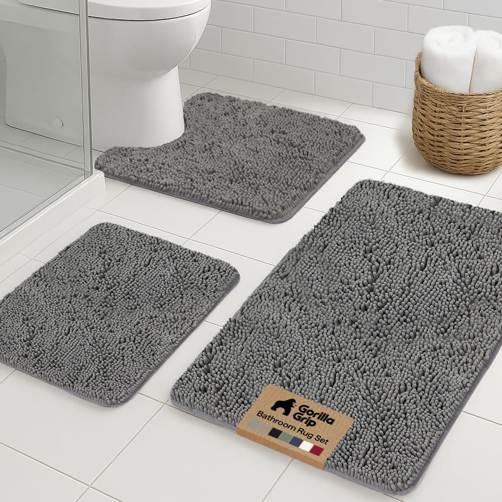 GORILLA GRIP Area Rug Sets 3 Piece, Bath Mat Set and Oval Toilet Base with Rubber Backing, Plush Absorbent Shaggy Chenille Washable Mats, Includes 24x19.5, 24x17 and 30x20 Inch Rugs, Charcoal