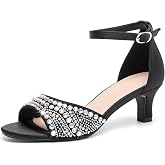 DADAWEN Women's Dressy Rhinestone Low Kitten Heel Ankle Strap Open Toe Sandals Dress Shoes Pump Sandals for Wedding Party Evening