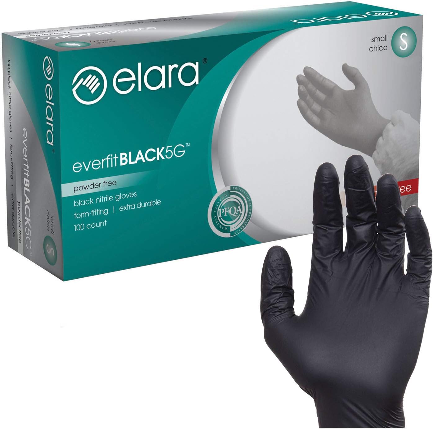 Elara FNE501BK EverfitBLACK5G Nitrile Disposable Gloves, 5 mil, Black, Powder Free, Food Safe, Non-Latex, Size Small, Box of 100
