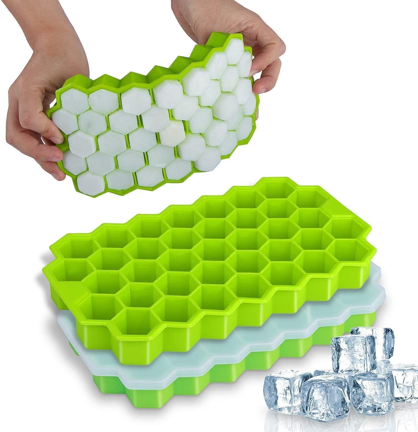 JSM, Ice Cube Trays with lids, 2 Pack Silicone Ice Cube Molds Flexible 74-Ice Trays, BPA Free, for Whiskey Storage,Cocktail,Beverages, Flexible Safe Molds;Available in green2pcs or white2pcs