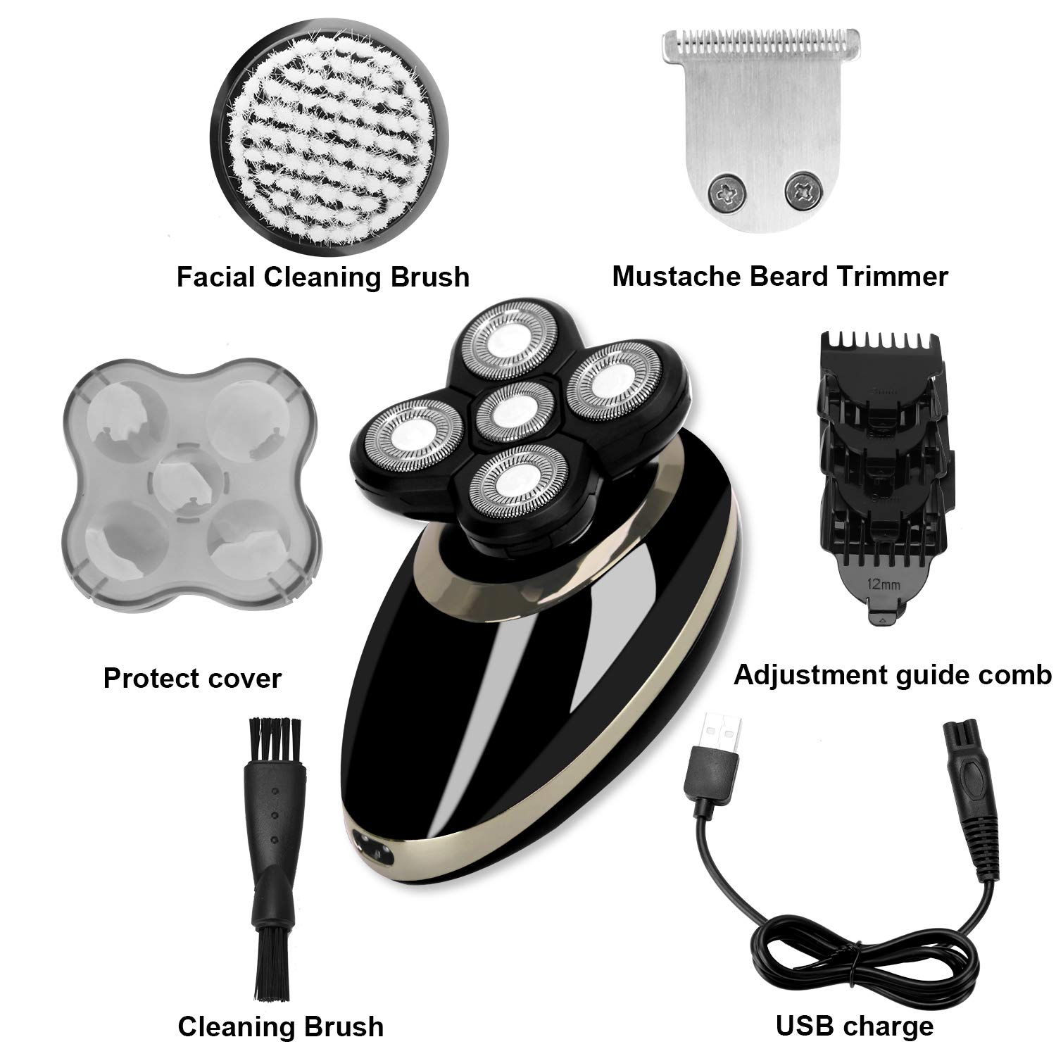 Waterproof Men\'s Electric Shaver and Trimmer Grooming Kit, Rechargeable 4-in-1 Electric Razor/Hair Trimmer/Clip Nose Hair/Facial Cleansing Brush