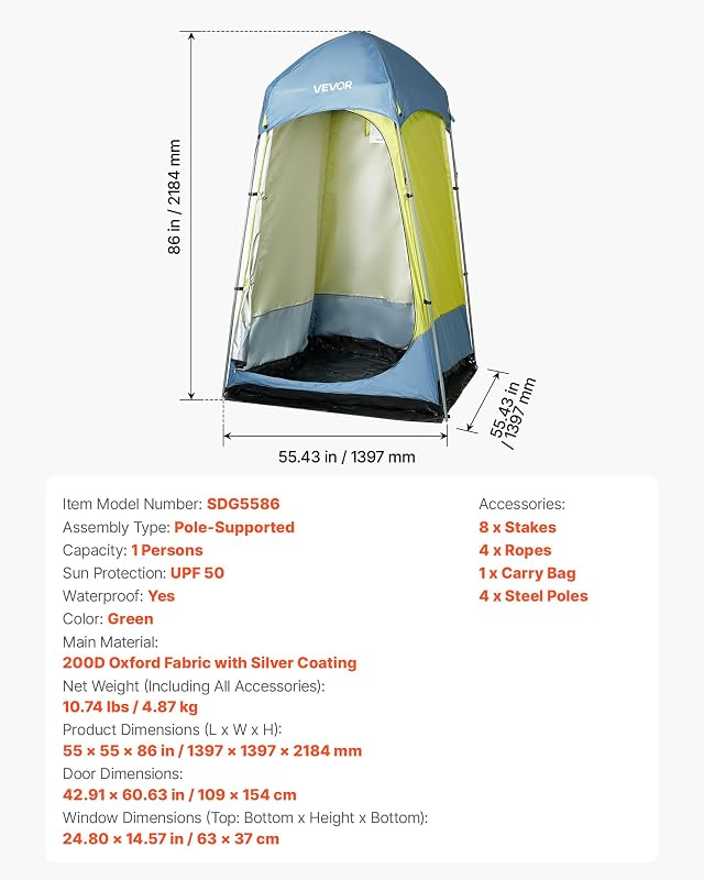 Tenda Mobile da Spiaggia per Esterno da 1397 x 1397 x 2184 mm Spogliatoio con Picchetti, Corde, Borsa per il Trasporto e Pali in Acciaio, Tessuto Oxford 200D con Rivestimento Argentato