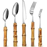 Eboot Bamboo Silverware Set 18/8 Stainless Steel Tableware Set Natural Utensil Flatware Kit Spoon Fork Knives Bamboo Handle C