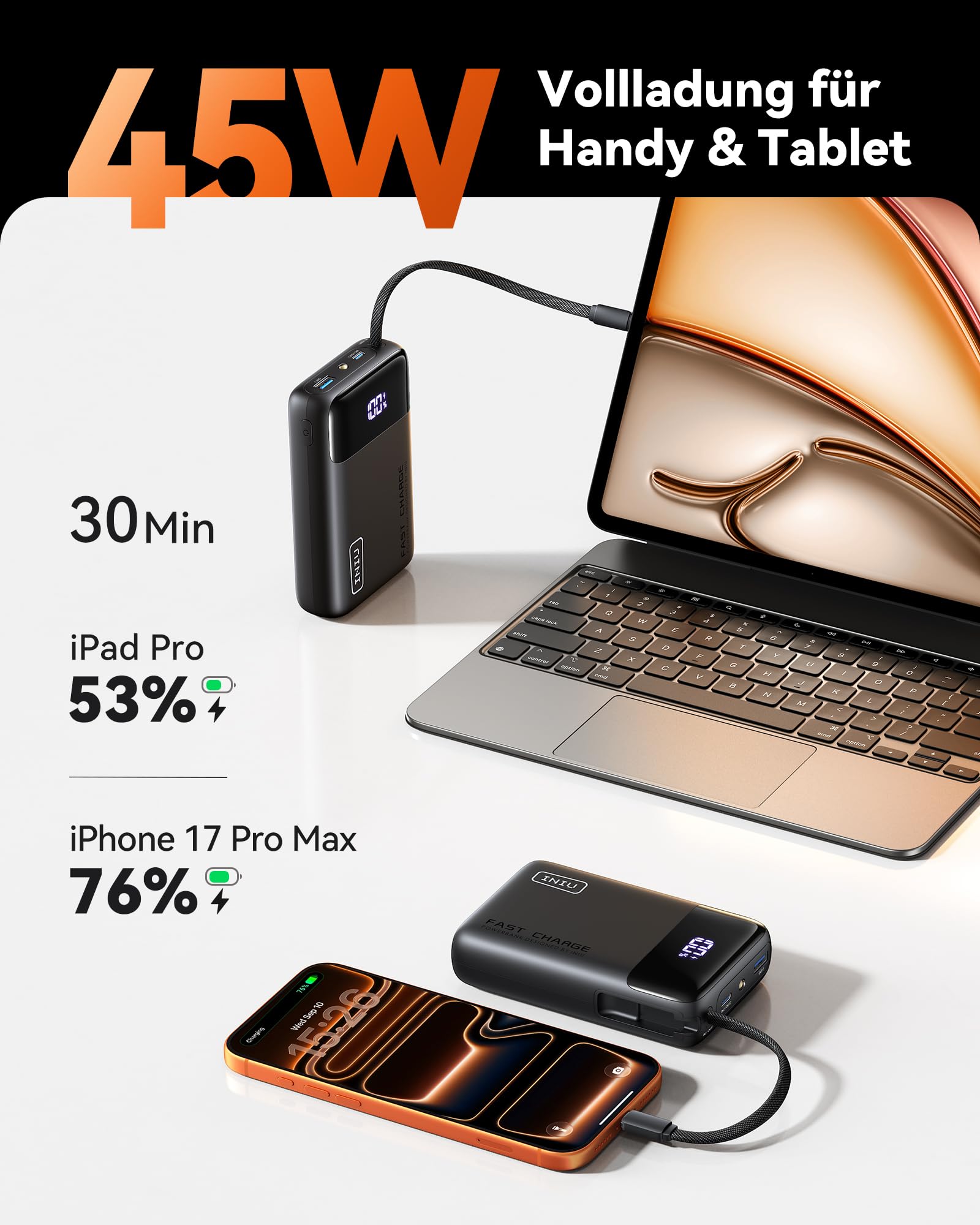INIU 45W Power Bank, Ultra Klein 20000mAh Powerbank iPhone mit Integriertem USB-C Kabel, Schnellladen Externe Handyakkus Mini, Klein Aber Stark für iPhone 17 16 15 Pro, Samsung S22, Xiaomi, iPad etc 2