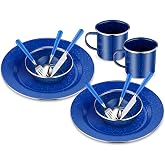 Nuogo 12 Pcs Enamel Camping Tableware Set Dinnerware Kit | Includes 12 oz Coffee Mugs Camping Plates Bowls, Utensils Set with Knife Fork Spoon, for 2 People Hiking Picnic Outdoor