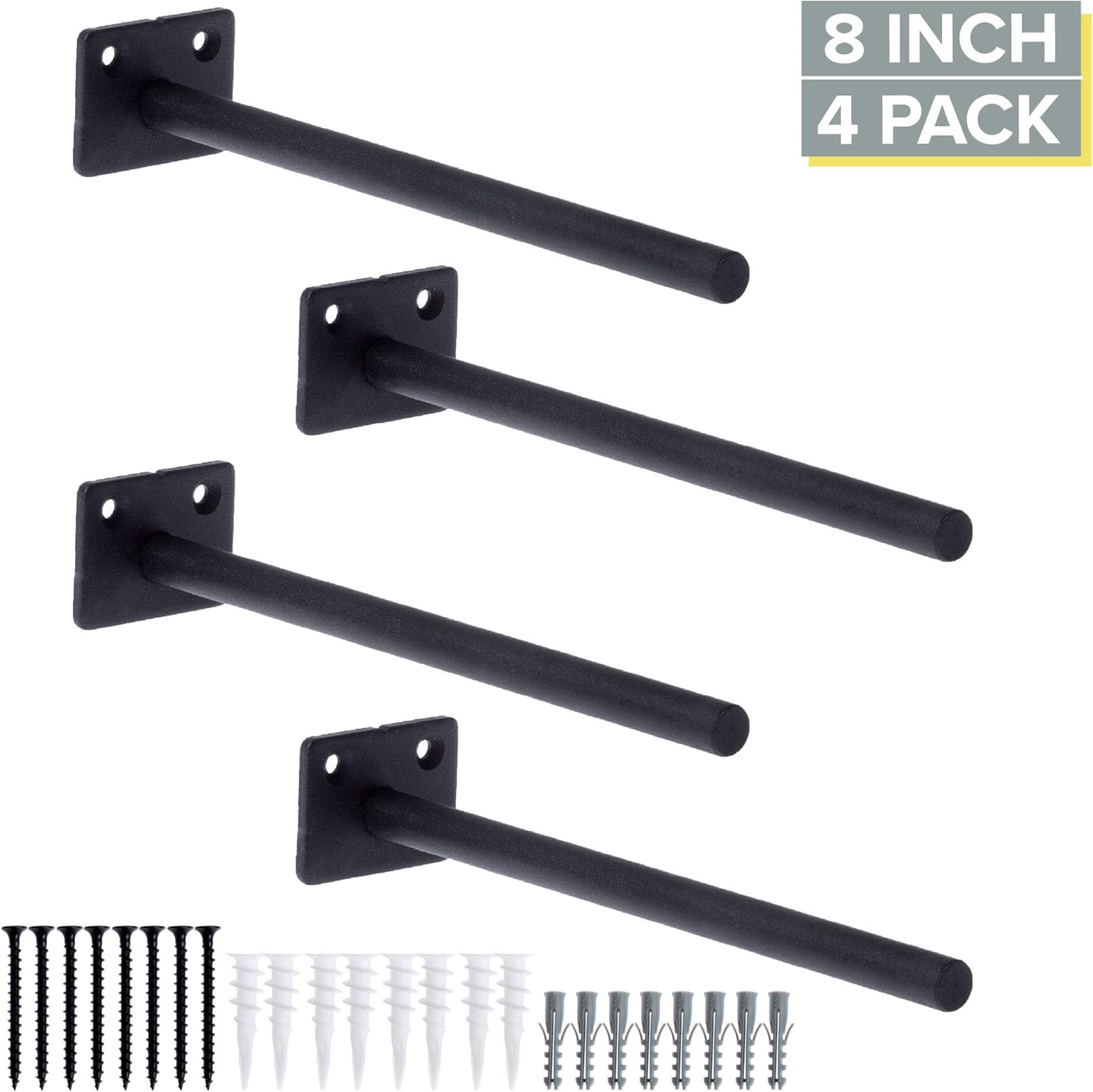 Heavy Duty Steel Concealed Floating Shelf Brackets 4 Pack of 8 Inch Blind Shelf Supports with 1.5" x 2" Square Base - Farmhouse Rustic Iron Finish Industrial Metal Shelf Holders, Hidden Shelf Brackets: Home Improvement