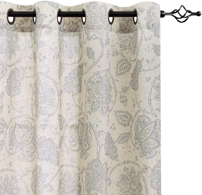 Floral Scroll Printed Linen Curtains Grommet Top Ikat Flax Textured