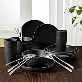 NoorooCare 24 Piece Plates and Bowls Sets for 4- Unbreakable Wheat Straw Dinnerware Sets Includes Stainless Steel Forks for Picnic Camping Outdoor Kitchen and Apartment Dinning RV Essentials-Black